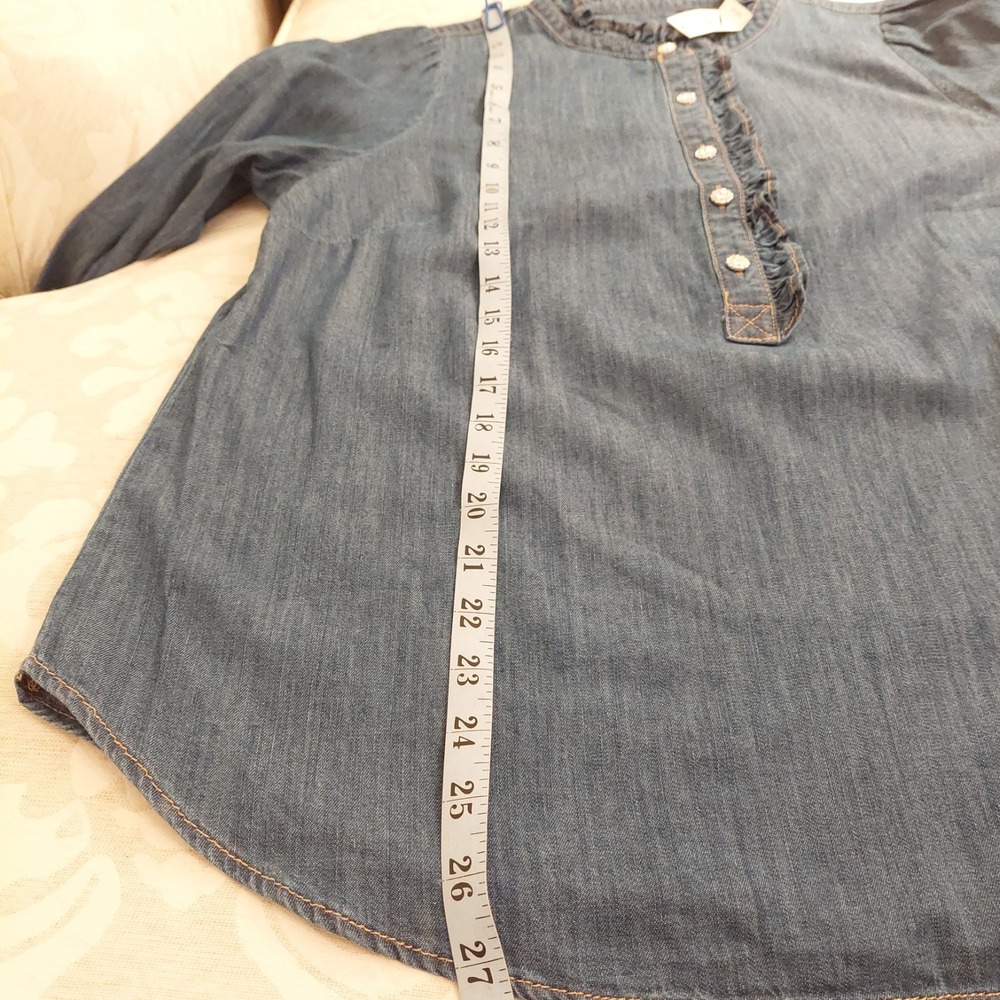 Talbots Wms Ruffle Collar Denim Popover Cotton Shirt Sparkle Buttons L NEW! $100 - Picture 6 of 13